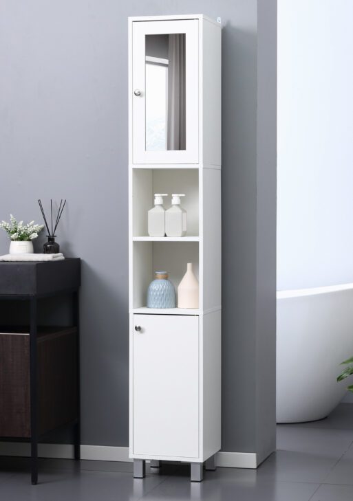 Tall Bathroom Storage Cabinet with Mirror, Wooden Freestanding Tower Cabinet with Adjustable Shelves for Bathroom or Living Room, White