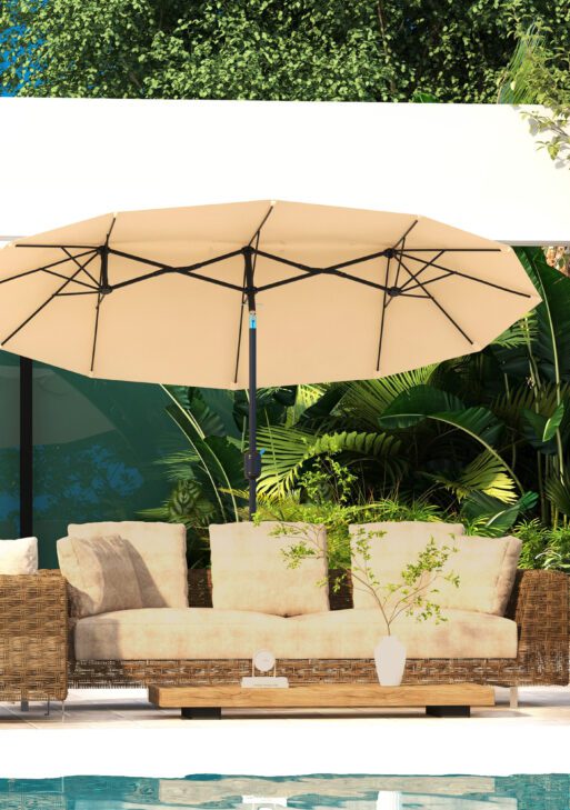 Double Sided Patio Umbrella, 9.7' Large Outdoor Market Umbrella with Push Button Tilt and Crank, 3 Air Vents and 12 Ribs, for Garden, Deck, Pool, Brown