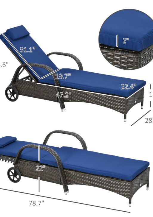 Reclining Chaise Lounge Chair, Rolling Outdoor Chair with Cushion, Pillow, Headrest, Armrests, and Wheels, Brown