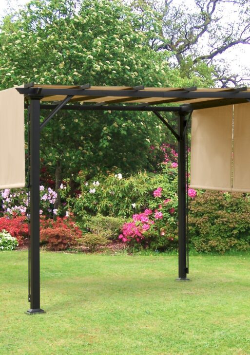 10' x 10' Outdoor Patio Gazebo Pergola with Retractable Canopy Roof, Steel Frame with Stakes & Unique Design