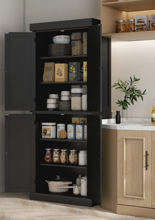 72" Kitchen Cabinet, Pantry Storage Cabinet with Doors and Shelves, Freestanding Food Pantry Cabinet, Black