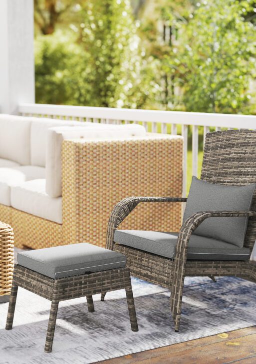 Wicker Adirondack Chair Fire Pit Chair w/ Ottoman & Cushions, Gray