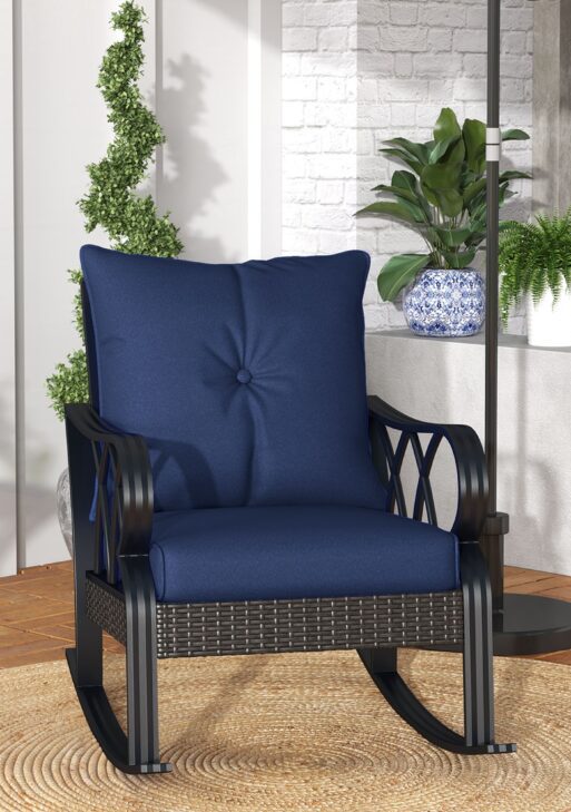 Outdoor Wicker Rocking Chair with Padded Cushions, Aluminum Furniture, Rattan Porch Rocker Chair w/ Armrest, Navy Blue