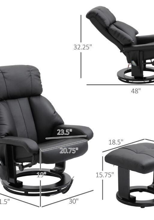 Massage Recliner Chair with Ottoman, 360° Swivel Recliner and Footstool, 10 Point Vibration, PU Leather Reclining Chair with Side Pocket and Remote Control, Black