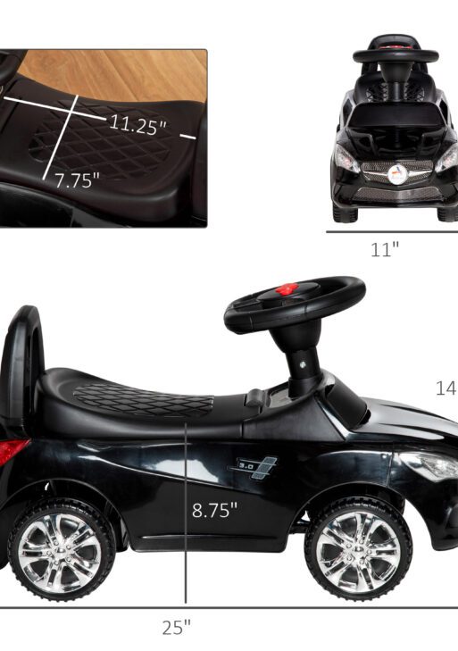 Kids Ride On Push Car, Foot-to-Floor Walking Sliding Toy Car for Toddler with Working Horn, Music, Headlights and Storage, Black