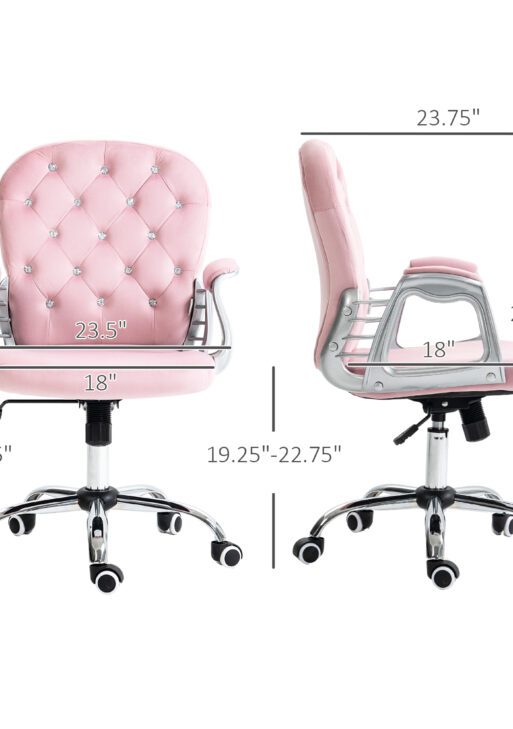 Button Tufted Desk Chair, Home Office Chair with Padded Armrests, Adjustable Height and Swivel Wheels, Pink