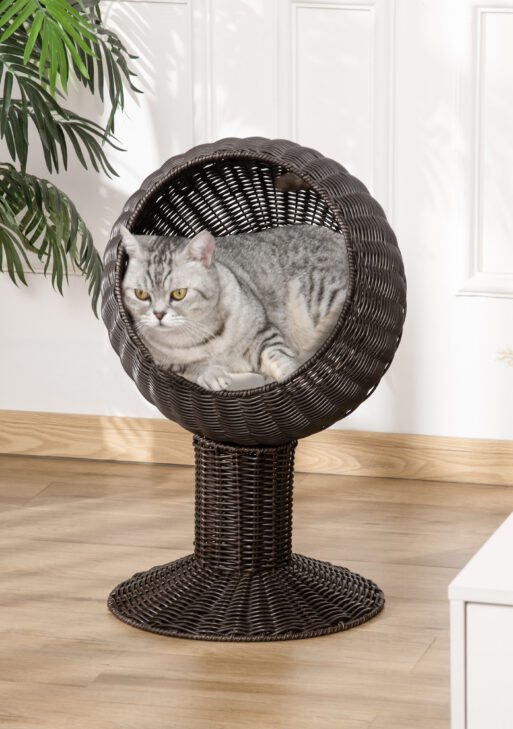 Elevated Cat Bed with Rotatable Egg Chair Pod, Cat Basket Bed with Thick Cushion, Natural Mat Grass Woven Kitty House, Coffee