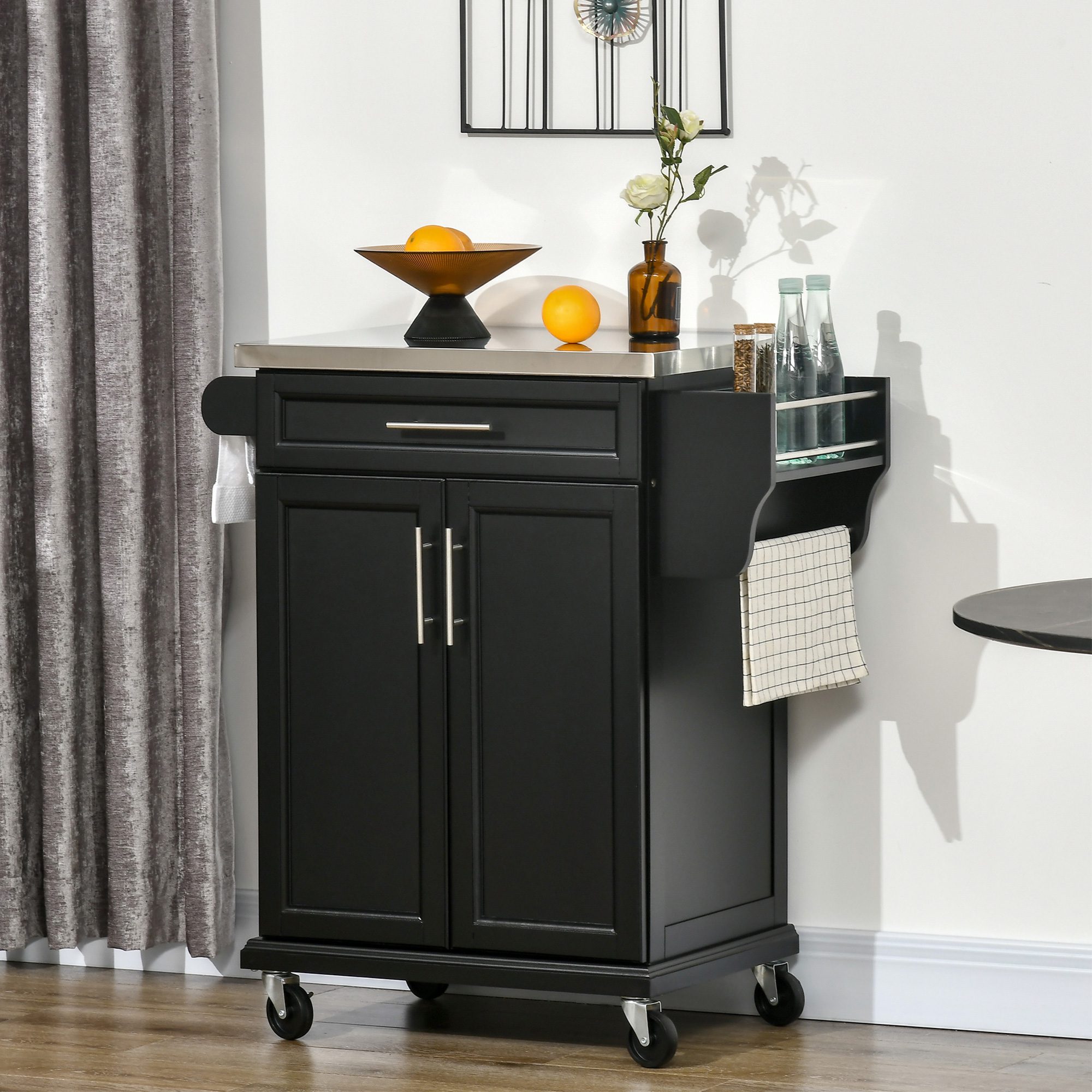 Kitchen Island on Wheels, Rolling Kitchen Cart with Stainless Steel Countertop, Drawer, Towel Rack and Spice Rack, Utility Storage Trolley, Black