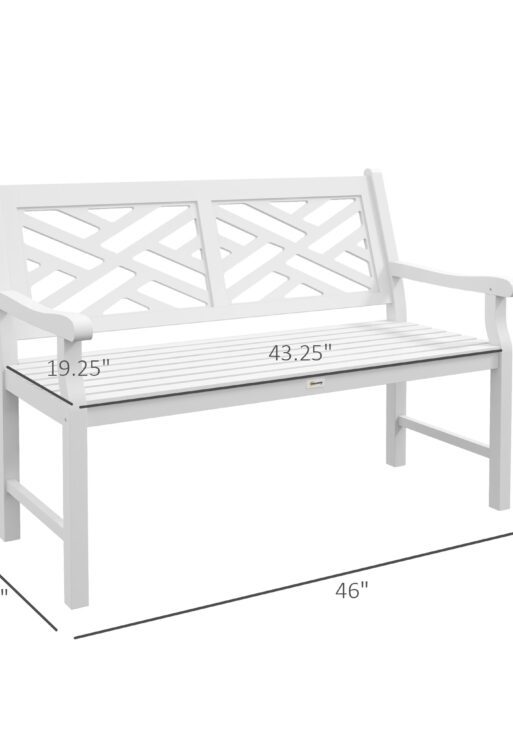 Outdoor Garden Bench, Wooden Frame Patio Bench with Geometric Pattern, 43.25 Inch Weatherproof 2-Person Love Seat for Garden, Lawn, Porch, Yard, Work Entryway, White