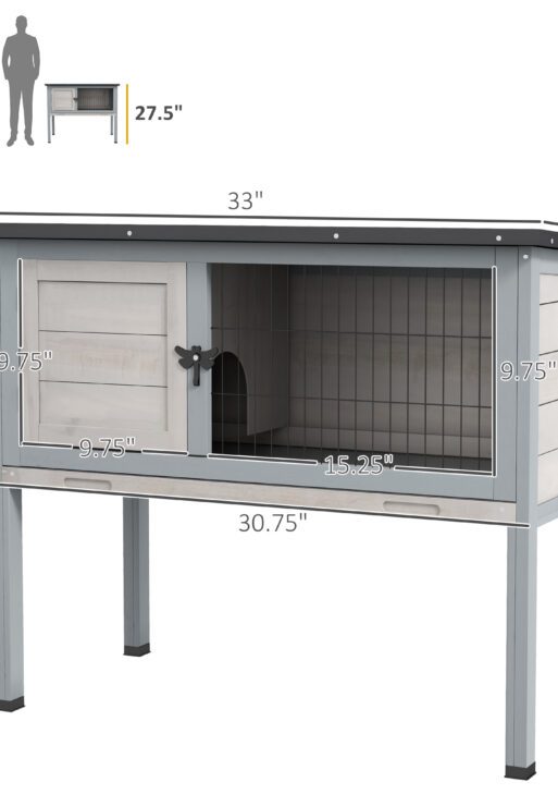 Elevated Rabbit Hutch, Wooden Bunny Cage with Hinged Asphalt Roof and Removable Tray, for Indoor/Outdoor, Gray