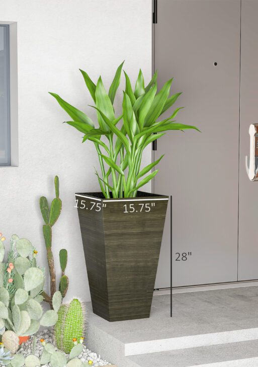 Set of 3 Tall Planters, 28" Outdoor Planter w/ Drainage Holes, Faux Wood Plastic Flower Pots, Dark Brown