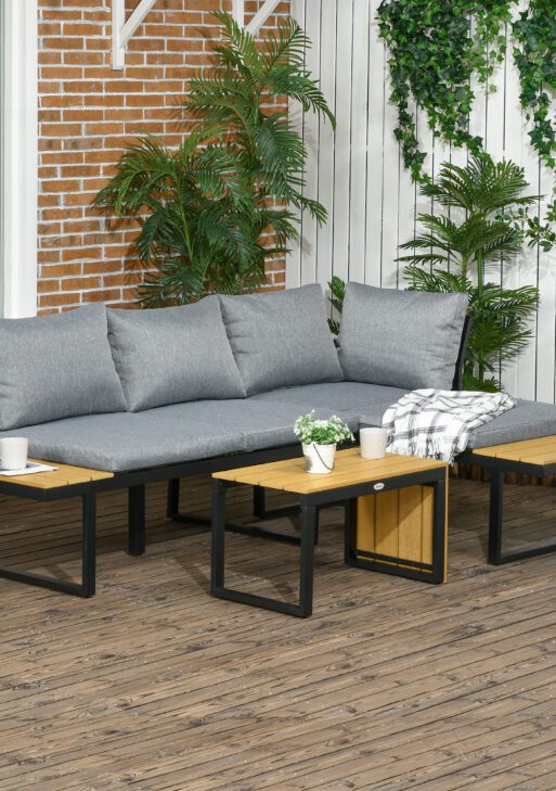 3 Piece Patio Furniture Set with Cushions, Aluminum Frame Outdoor Conversation Sofa Set w/ Two Loveseats and Wood Grain Plastic Top Coffee Table/Side Table, Dark Gray