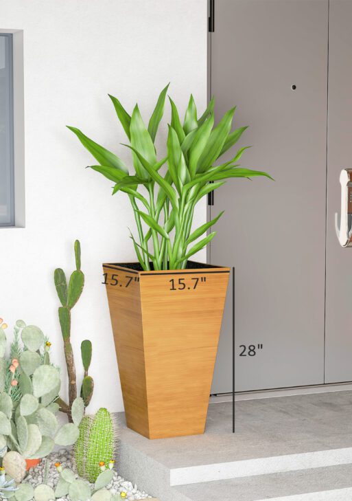 Set of 3 Tall Planters, 28" Outdoor Planter w/ Drainage Holes, Faux Wood Plastic Flower Pots, Light Brown