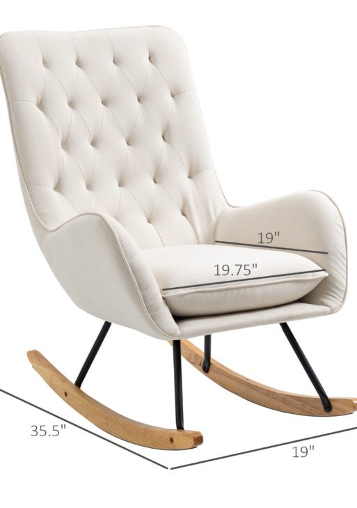 Mid-Century Fabric Rocking Chair Sofa Armchair Tufted Rocker Wingback Accent Chair with Padded Seat, Rubber Wood Base for Home Studio, Bedroom, Living Room, Cream White