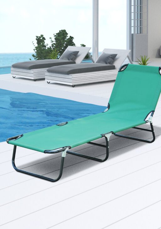 Folding Patio Lounge Chair, Outdoor Sun Tanning Chair, 5-level Adjustable Back, Chaise Pool Breathable Chair with Steel Frame, for Beach, Yard, Green