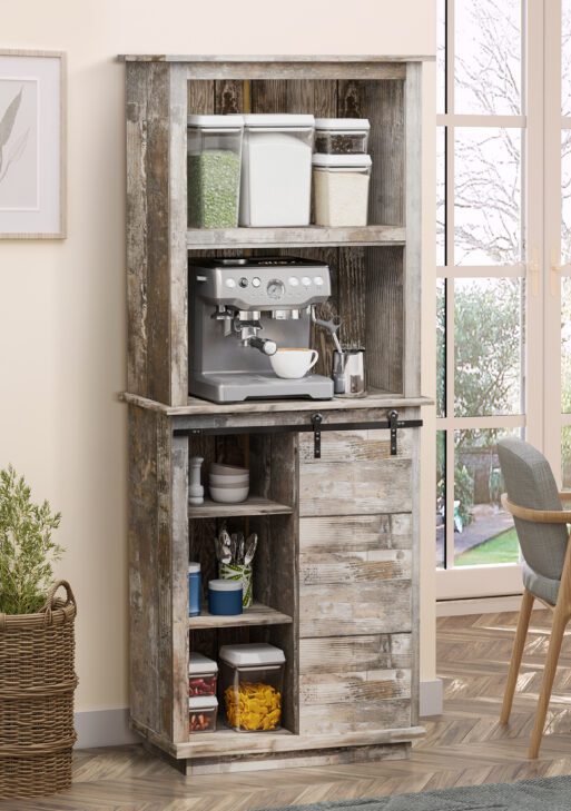 Freestanding Rustic Kitchen Buffet with Hutch, Pantry Storage Cabinet with Sliding Barn Door, Adjustable Shelf, Vintage Wood