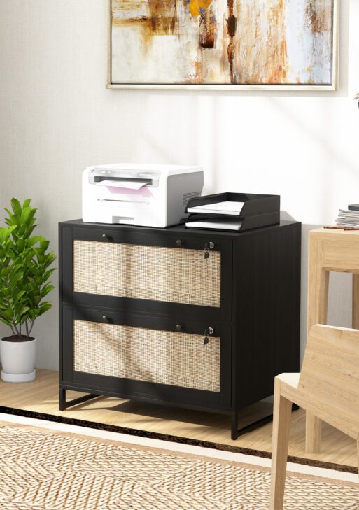 Lockable Filing Cabinet, Boho 2 Drawer File Cabinet with Adjustable Hanging Bar for Letter, A4 and Legal Size, Black