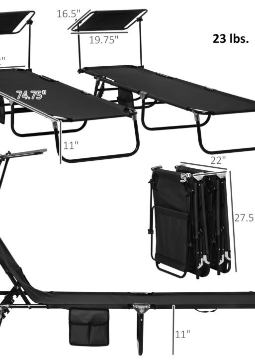 Folding Chaise Lounge Pool Lounge Chairs Set of 2, Outdoor Sun Tanning Chairs with Canopy Shade, Reclining Back, Steel Frame and Side Pocket for Beach, Yard, Patio, Black