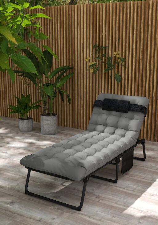 Outdoor Folding Chaise Lounge Chair with 4-Position Adjustable Backrest, Magazine Pocket, Removable Head Pillow, Gray