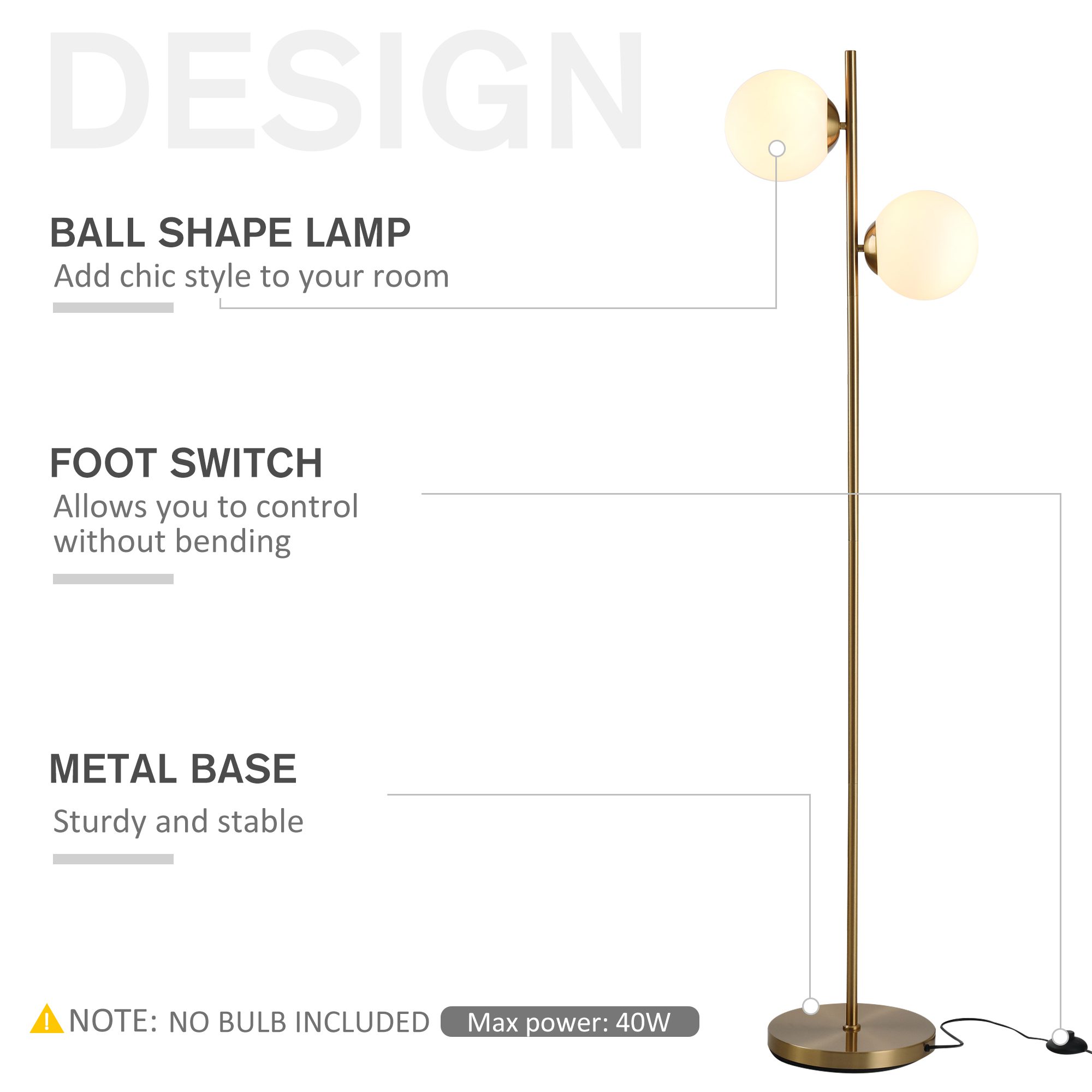 Floor Lamp w/ 2pcs Glass Lamp Shade Modern Portable Decorative Lamp, White - Image 2