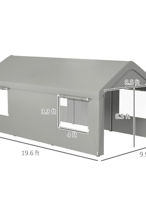 10' x 20' Carport, Heavy Duty Portable Garage, with 4 Mesh Windows and 2 Doors, Gray