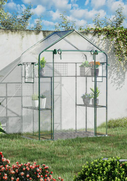 Outdoor Walk-in Mini Greenhouse with Mesh Door & Windows, Small Portable Garden Green House with 3 Tiers 6 Shelves, Trellis, & Plant Labels