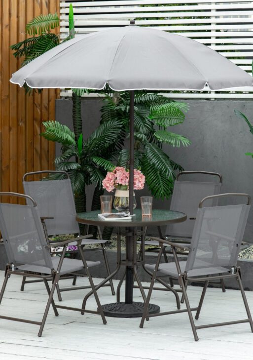 6 Piece Patio Dining Set for 4 with Umbrella, with 4 Folding Dining Chairs & Round Glass Table for Garden, Gray