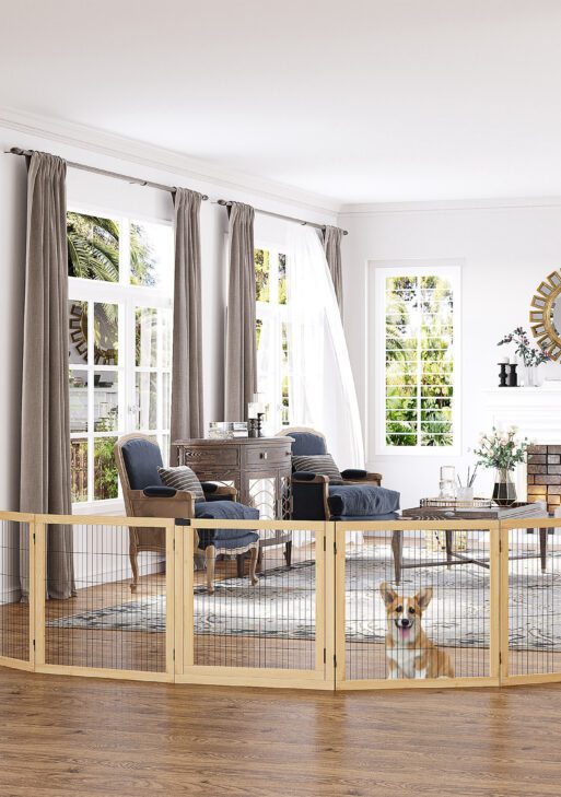 Wooden Pet Gate, 6-Panel Folding Dog Safety Barrier with Support Feet for Small & Medium Dogs, Natural Wood