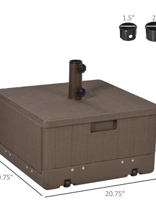 3-in-1 Outdoor Umbrella Base, Coffee End Table, Flower Box Planter, 175lbs Capacity Patio Umbrella Stand Table with Wheels and Handles, Brown
