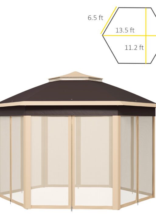 13' x 13' Pop Up Gazebo Hexagonal Canopy Shelter with 6 Zippered Mesh Netting for Patio, Backyard, Garden, Wedding, Party, Beige