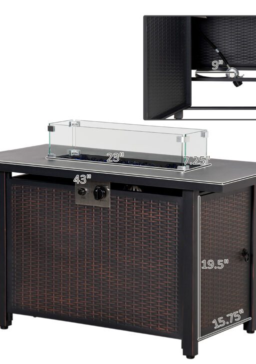 43 Inch Outdoor Propane Gas Fire Pit Table, 50,000 BTU Auto-Ignition Rectangular Wicker-effect Gas Firepit with Glass Wind Guard, Lid, Glass Beads, Steel Base, CSA Certification, Bronze