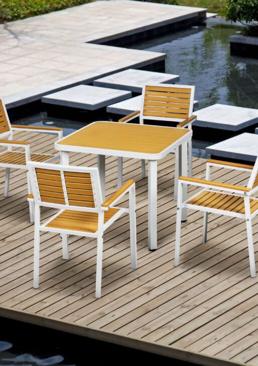 5pc Patio Table and Chairs Set, Aluminum Patio Dining Set w/ HDPE Materials, Umbrella Hole, Yellow