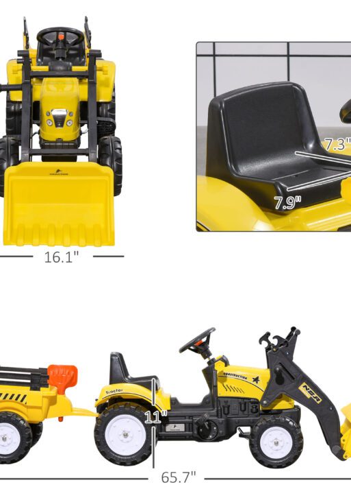 Ride-On Kids Bulldozer/Excavator Toy with Real Working Dirt Bucket, Easy Pedal Controls, 6 Wheels, & Cargo Trailer