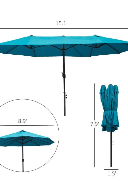 Patio Umbrella 15ft Double-Sided Outdoor Market Extra Large Umbrella with Crank Handle for Deck, Lawn, Backyard and Pool, Blue