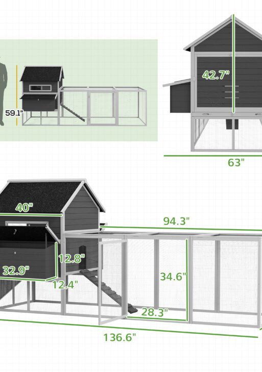 137" Wooden Chicken Coop for 8-10 Chickens, Backyard, Gray