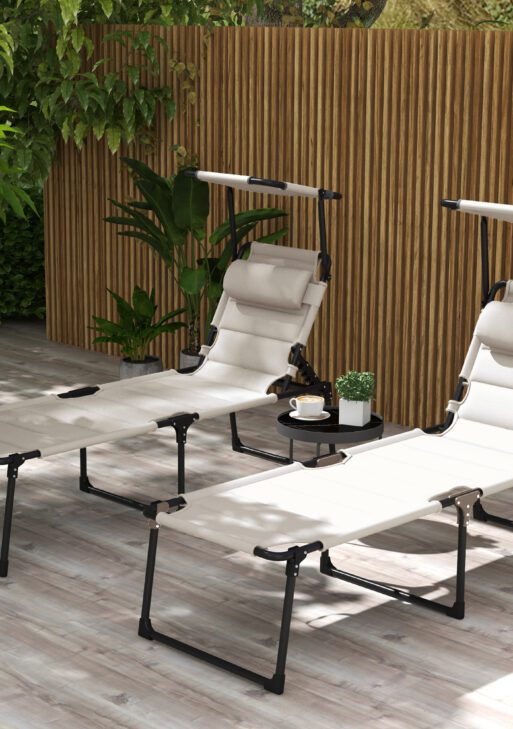 2 Pcs Outdoor Lounge Chair, 4 Position Adjustable Backrest, Folding, Cushioned w/ Sun Shade Roof & Pillow, Cream White