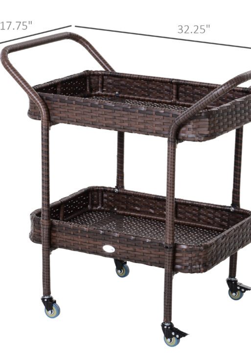 PE Rattan Outdoor Bar Table, Outdoor Kitchen Island with 2-Tier Shelf, Wheeled Patio Serving Cart with Brakes for Poolside, Garden, Brown