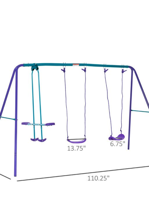 Metal Swing Set with Glider, Two S Seats and Adjustable Height, Outdoor Heavy Duty A-Frame Kids Playset Suitable for Playground, Backyard, Purple