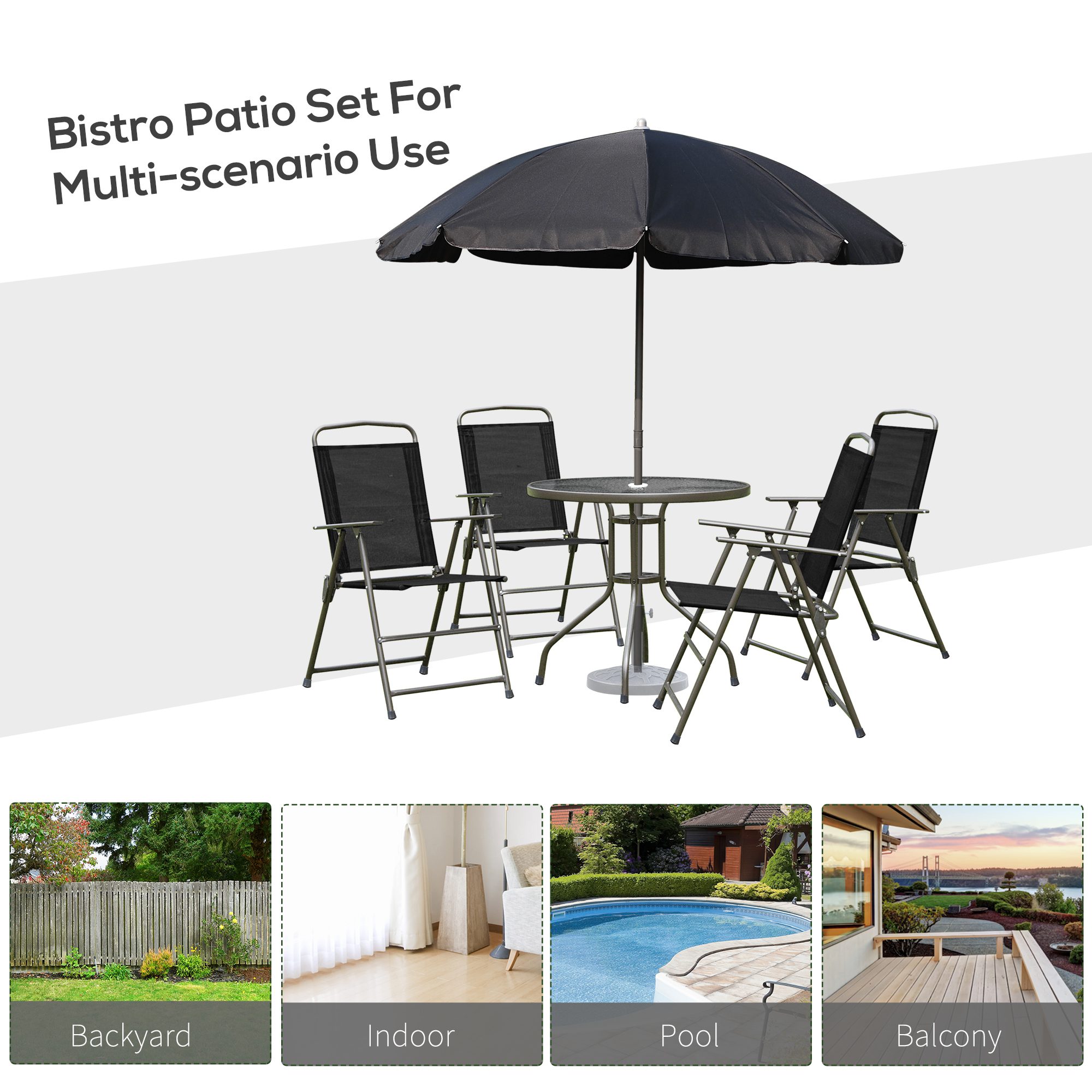 6 Piece Patio Dining Set for 4 with Umbrella, Outdoor Table and Chairs with 4 Folding Dining Chairs & Round Glass Table for Garden, Backyard and Poolside, Black - Image 4