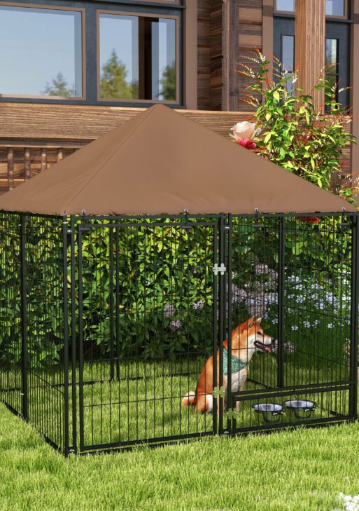 Outside Dog Kennel, 4.6' x 4.6' x 5' Puppy Play Pen with Canopy, Garden Playpen Fence Crate Enclosure Cage Rotating Bowl, for Dogs, Chickens, Ducks, Black