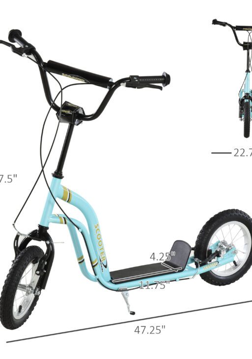 Youth Scooter Front and Rear Caliper Dual Brakes 12-Inch Inflatable Front Wheel Ride On Toy For Age 5+ - Blue