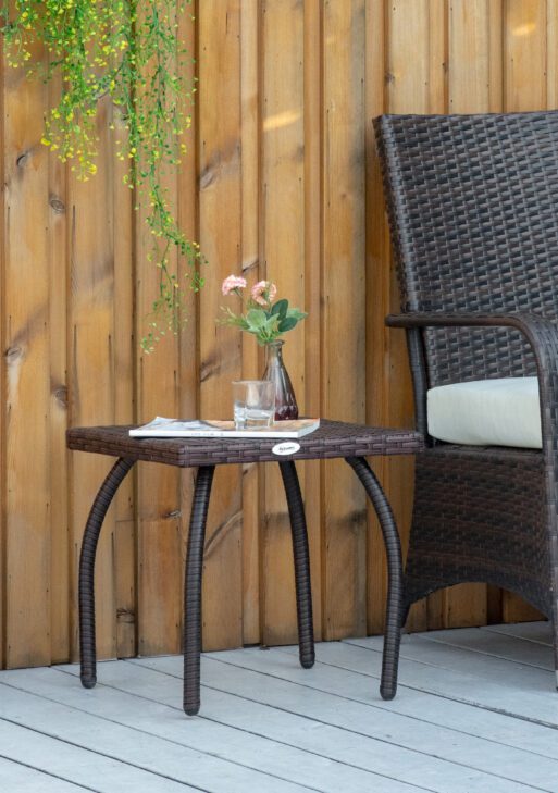 Outdoor PE Wicker Side Table, Small Square Rattan End Table, All-Weather Material Coffee Table for Garden, Balcony, Backyard, Brown