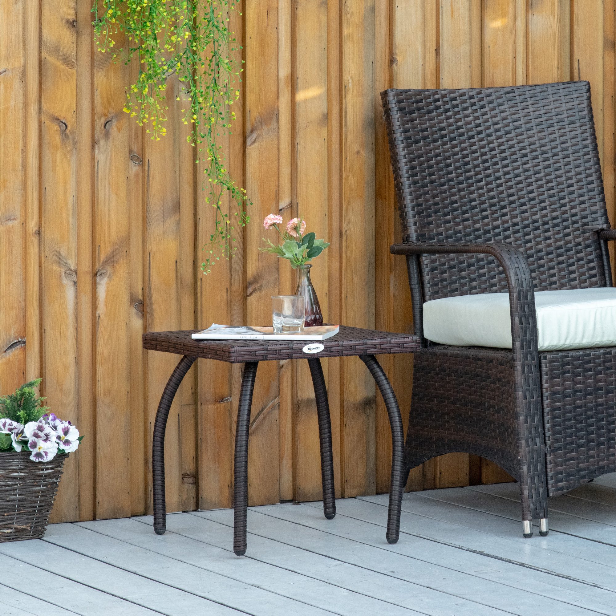 Outdoor PE Wicker Side Table, Small Square Rattan End Table, All-Weather Material Coffee Table for Garden, Balcony, Backyard, Brown