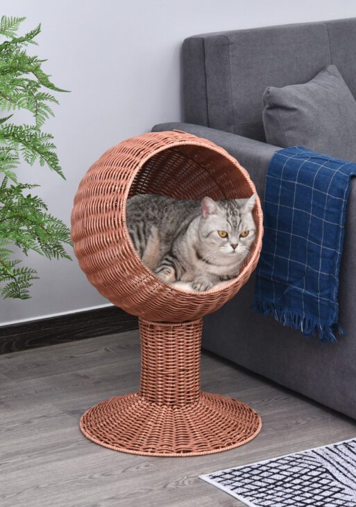 Elevated Cat Bed with Rotatable Egg Chair Pod, Cat Basket Bed with Thick Cushion, Natural Mat Grass Woven Kitty House, Brown