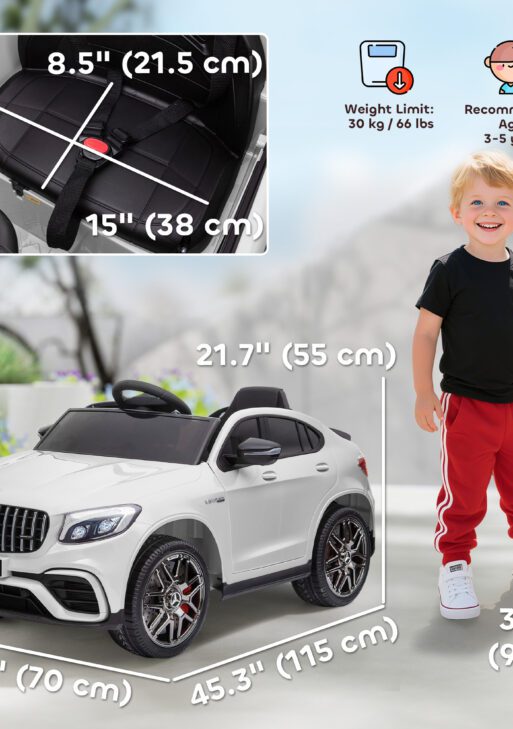 12V Toddler Ride On Car with Remote Control, Mercedes Benz AMG GLC63S Coupe, Electric Car with 2 Speed, MP3 Player, Light, Horn, Songs, Suspension, White