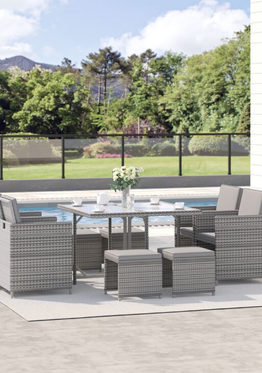 9 Pieces Outdoor Dining Set for 8, Space Saving Wicker Chairs and Square Glass Table with Cushions and Ottomans, Rattan Conversation Patio Furniture Set for Garden, Light Gray/Dark Gray