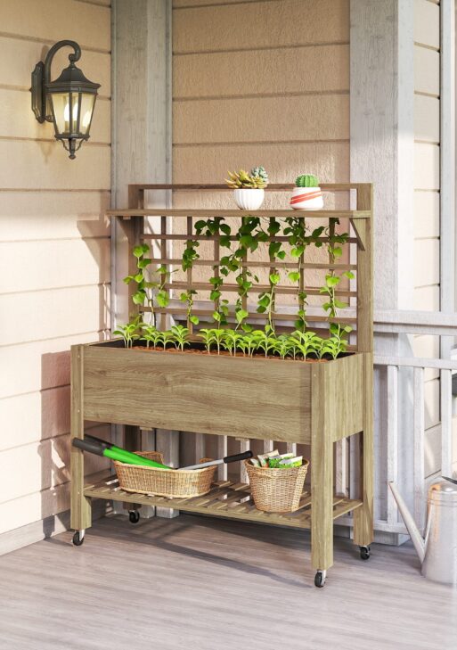 41" Raised Garden Bed Mobile Elevated Wooden Planter Box Stand with Wheels, Trellis and Storage Shelf, Dark Brown