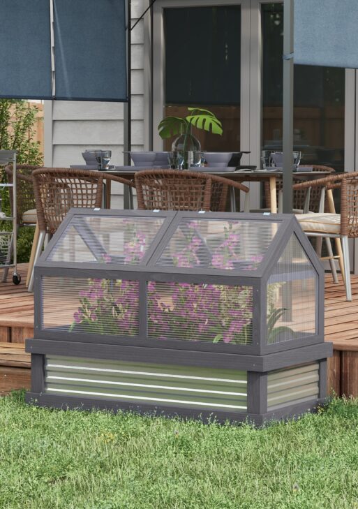 Raised Garden Flower Bed Kit w/ Greenhouse, Wooden Cold Frame Planter, Gray