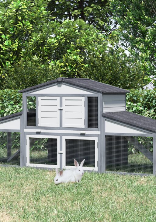 89"L Outdoor Rabbit Hutch, Guinea Pig Cage Indoor Outdoor Wooden Bunny Hutch with Double Runs, Weatherproof Roof, Removable Tray, Ramps, Gray