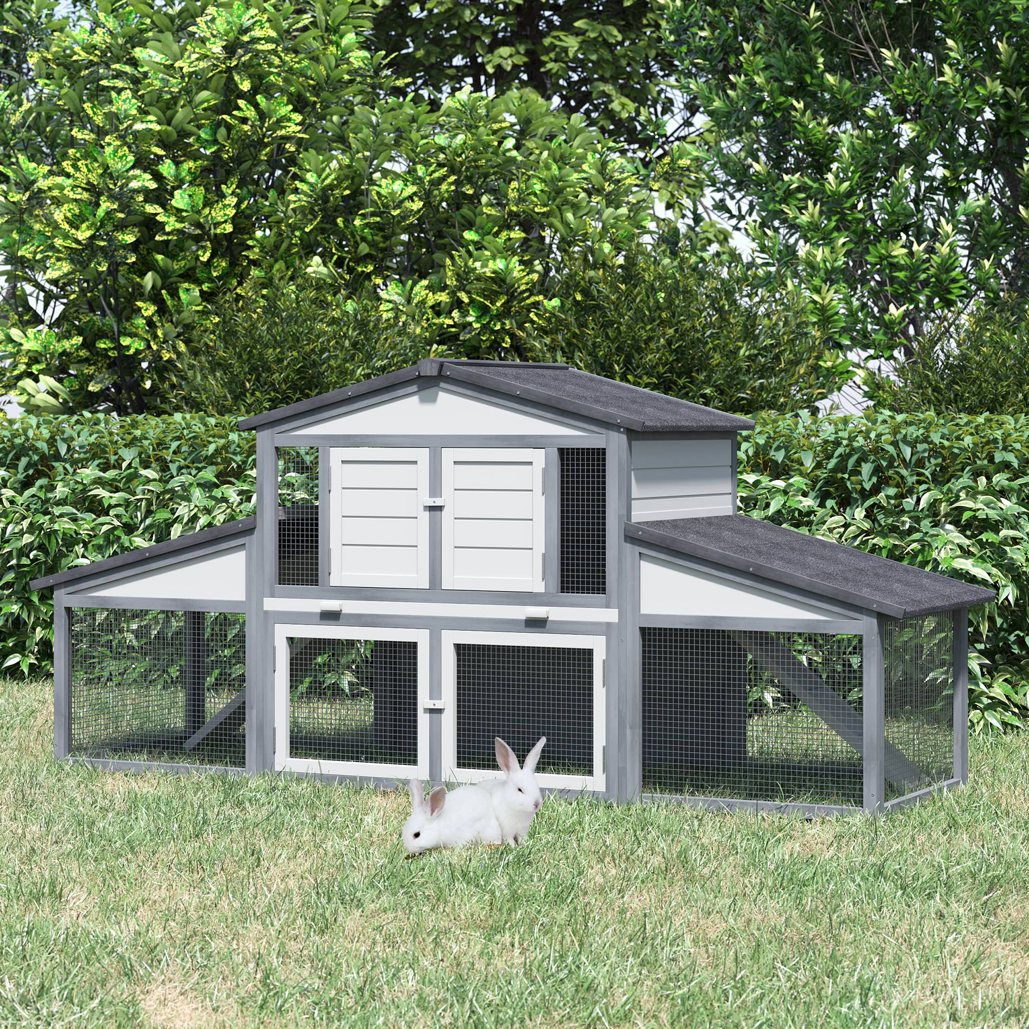 89"L Outdoor Rabbit Hutch, Guinea Pig Cage Indoor Outdoor Wooden Bunny Hutch with Double Runs, Weatherproof Roof, Removable Tray, Ramps, Gray